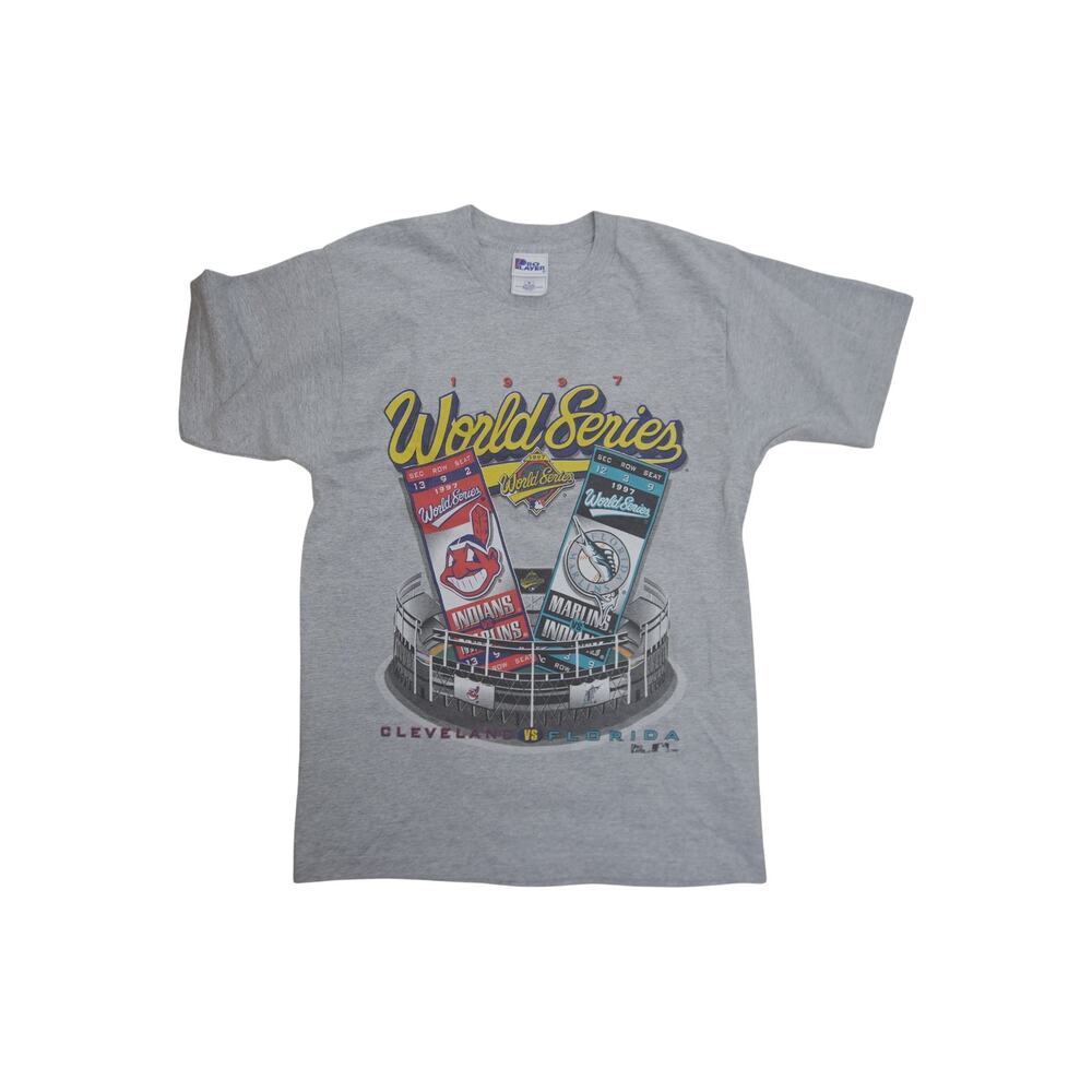 Vintage 1997 World Series T-Shirt M Cleveland Indians Marlins Pro Player USA - Picture 5 of 14